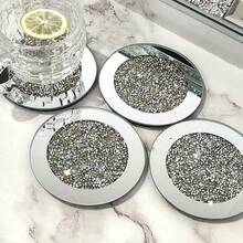 ZJchao Juego de Posavasos de Cristal con Espejo Tapete para Tazas Trituradas Decoración de Mesa Comedor Bar Cocina 4x4 Pulgadas Silver - Plateado - Ver 3