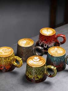 1pc/1pc/2pcs Ceramic Latte Mug Set With Saucer, 200ml Capacity, High-End Crackle Glaze Finish, Stylish Couple/Individual Coffee/Milk Mugs, Creative Latte Art, Office/Breakfast Cup With Saucer