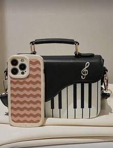 Mini Piano Key Pattern Flap Square Bag Piano Guitar Music Notes Handbag, Creative PU Leather Tote Bag, Crossbody Bag For Women Girls , Small Bags - 黑與白 - 查看 4