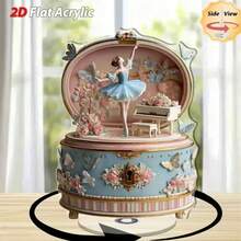 1个优雅旋转亚克力音乐盒，芭蕾舞女与蝴蝶花卉图案 - 淡蓝色和金色点缀，柔和旋律，机械上弦（无需电池） - 室内/室外桌面装饰，适合家居、办公室、婚礼、生日礼物，2D平面，复古美学 - 水鴨藍 - 查看 3