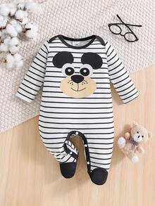 1pc Cute Striped Cartoon Animal Print Long Sleeve Footed Romper For Infant/Toddler, Spring/Autumn - Black and White - View 1