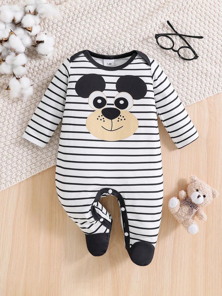 1pc Cute Striped Cartoon Animal Print Long Sleeve Footed Romper For Infant/Toddler, Spring/Autumn - Black and White - View 1