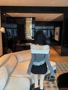 Women Off Shoulder Lace Trim Long Sleeve T-Shirt, Layering Blouse - Grey - View 9