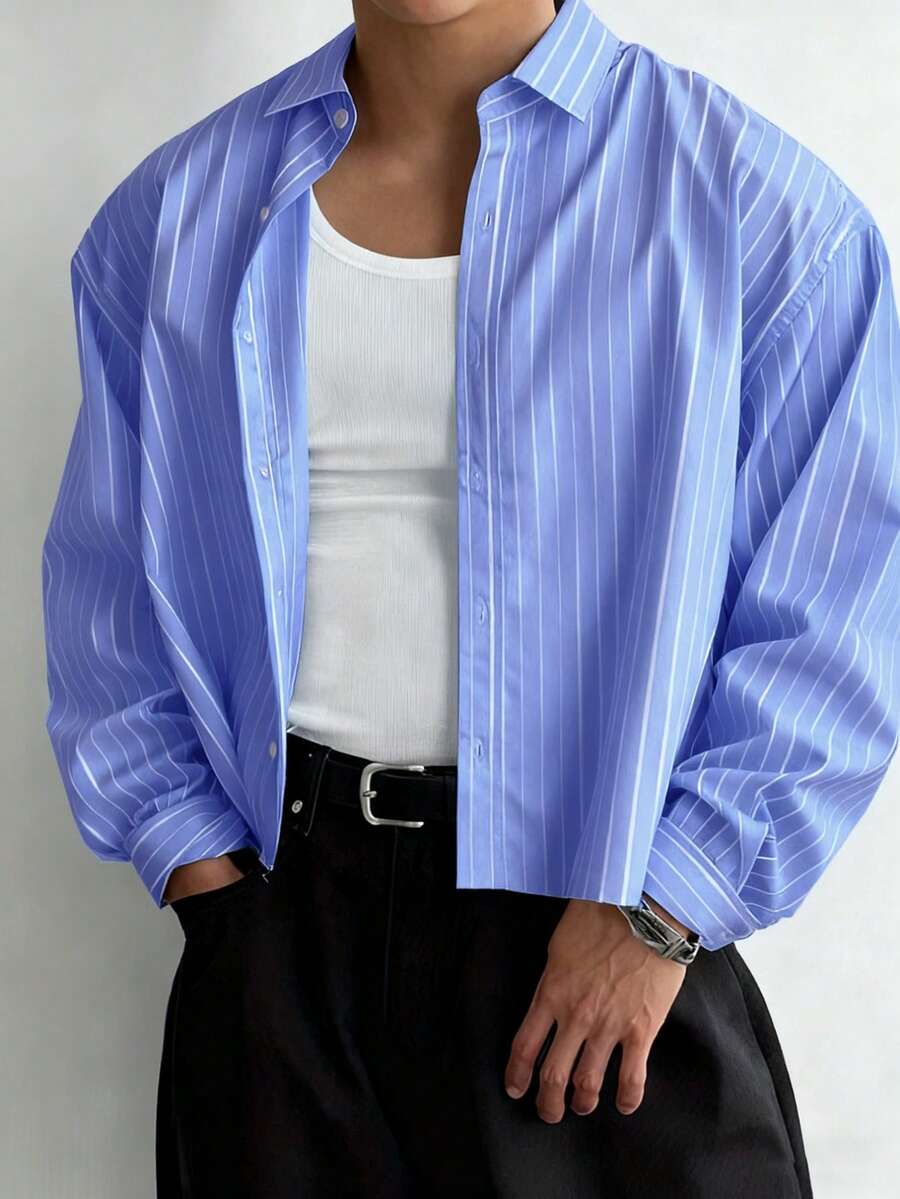 Men's Single-Breasted Casual/Commute Striped Short Sleeve Shirt - Blue - View 1