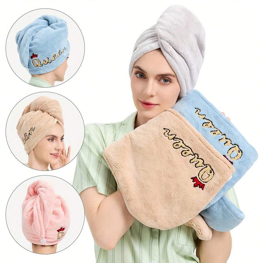 1 pieza Toalla grande absorbente, Toalla de pelo de microfibra, Gorro de secado de pelo con bordado de letra Reina - Diadema de felpa de coral súper absorbente y de secado rápido, Toalla de baño, Adecuado para el cuidado del cabello rizado, largo y grueso de las mujeres, Accesorios y pañuelo para el cabello mojado, Gorro de ducha anti-frizz para el cabello mojado, Accesorios de baño Gorro para dormir - Multicolor - Ver 1