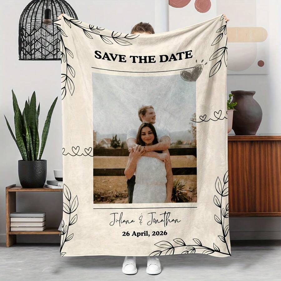 Custom Save The Date Photo Flannel Throw Blanket, Soft Warm Personalized Blanket With Custom Names & Wedding Date, Breathable All-Year Blanket, Great Gift Idea For Weddings, Engagements & Anniversaries, Perfect For Couch, Bed, Camping, Travel - Multicolor 18 - View 1