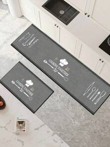 【热销！！！】1片装软橡胶厨房地垫，3.5毫米厚，灰色条纹卡通厨房用具图案，吸水性强，可自行裁剪以适应厨房大小，表面为织物材质，中间层为海绵层，底部为橡胶层，适用于厨房地毯、厨房装饰、婚礼装饰、家居装饰、浴室地垫、玄关地垫、洗衣房地垫、走廊地毯、客厅地垫等。