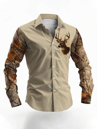 Men's Retro Outdoor Hunting Style Khaki Long Sleeve Shirt, Camouflage Leaf & Deer Head Print Design, Suitable For Outdoor Activities And Casual Wear In Spring/Autumn