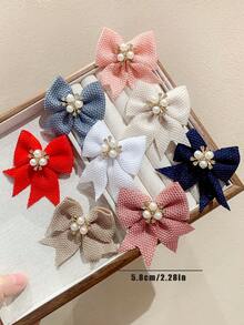 8pcs Vintage Textured Fabric Bow, Pearl & Rhinestone Barrettes, Cute Girl's Hair Clips, Suitable For Daily Wear And Party, Autumn/Winter - Multicolor - View 7
