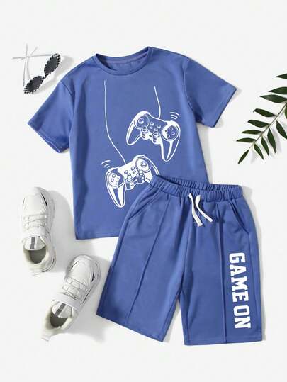 Conjunto de camiseta de manga corta con estampado de dibujos animados y pantalones cortos para niño preadolescente