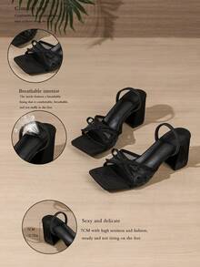 Sandalias de tacón grueso con punta cuadrada para mujer, zapatos cómodos de oficina y trabajo con lazo y decoración de corazón, elegantes y sexys para uso diario, citas, fiestas, color negro - Negro - Ver 6