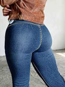 Dam Plus Size Tvättade Skinny Jeans För Höst Vinter Mode Bekväma Casual Magkontroll Stretch Denimbyxor - Marinblå - Visa 5