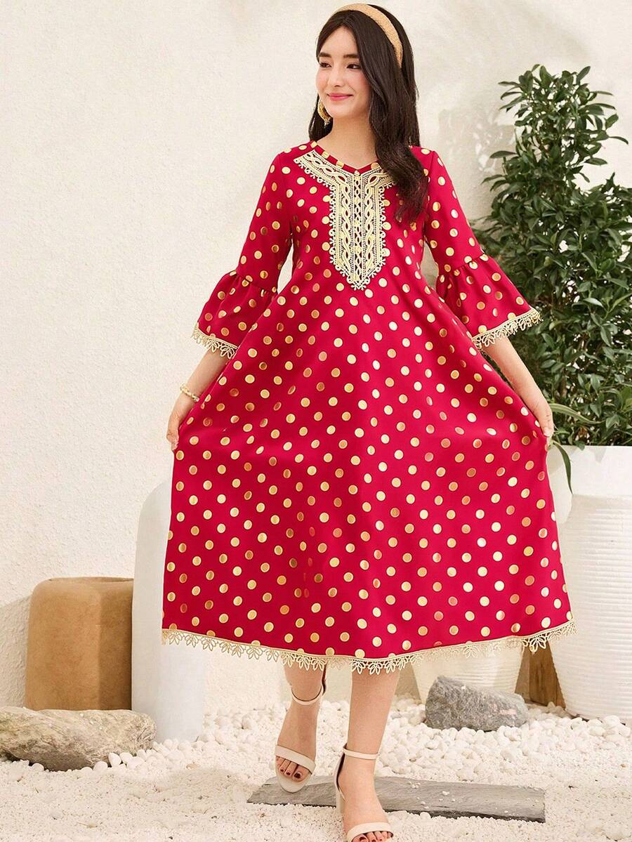 Vihyde 1pc Tween Girl' Gold Polka Dot & Floral Trim Flare Sleeve Dress, Holiday Edition - Red - View 1