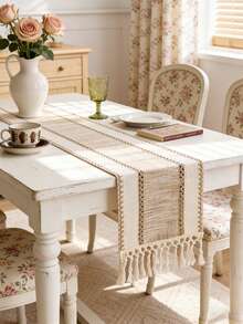 Boho Striped Khaki Table Runner: Handwoven With Tassels, Suitable For Spring Dining Tables, Round Coffee Tables And Farmhouse Decor, Perfect For Wedding Receptions, Outdoor Parties And Valentine's Day Decorations. Rectangular Design Fits Home And Dining Room Decor, Can Be Used As Kitchen Dining Table Centerpiece, Decorative Tabletop Accessory And Rustic Farmhouse Decor. Beautifully Woven And Durable.