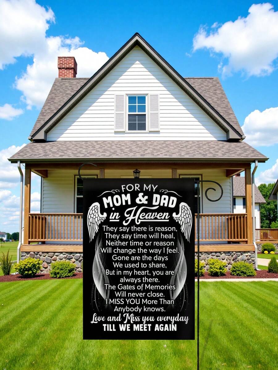 1pc Memorial Garden Flag For Heavenly Parents, 12x18 Inch Linen Garden Flag, Memorial Garden Yard Flag For Cemetery Decoration, Outdoor Use (Single-Sided Flag) - Multicolor - View 1