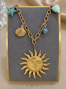 1Pc Gold Sun Pendant Necklace With Ocean-Inspired Charms – Ideal For Beach Getaways And Tropical Escapes,Valentine's Day Gift, Unisex - Multicolor - View 6