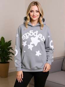 Women's Hip Hop Spider Web Pattern Graphic Alphabet Print Y2k Hoodie - Ngôi sao xám - Xem 3