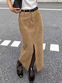 EARO 女士优雅开叉下摆铅笔裙，修身廓形，高品质气质，适合秋冬穿着，配有腰带