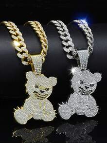 2 件/套不锈钢链配水钻装饰吊坠，1 件熊形吊坠项链 - 嘻哈时尚项链，适合休闲穿着或派对