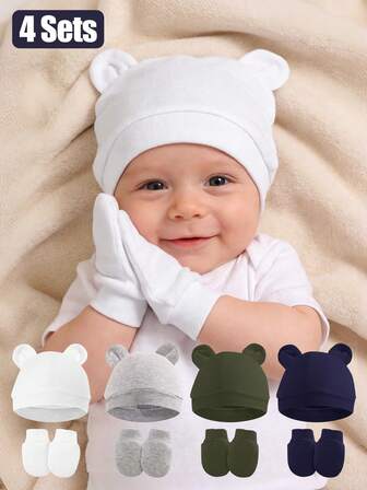 4 Sets Baby Bear Ear Hats Anti Scratch Mittens Pairs Soft Elastic Multi Color Newborn Accessories