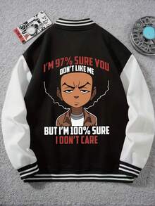 (Choose Sized Up)Unisex Casual Baseball Jacket Print With The Boondocks Anime-Inspired Design Graphic, Playful Design, Suitable For All Seasons, Street Style, Outdoor And Fashionable Men'S Wear, Color Block, Long Sleeve With Button-Up Front, Cozy Clothing, Machine Washable,For Fall Winter |School Outfit, Streetwear Fashion, Durable Material - 黑色-1 - 查看 2