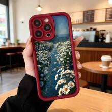 Cubierta de teléfono con borde negro y diseño floral de margaritas sobre fondo azul para uso diario en cafeterías y espacios urbanos,Aplicable a los teléfonos de la serie Apple y Galaxy - Burdeos - Ver 2