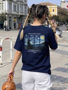 女士个性化字母印花圆领T恤，时尚百搭，短袖设计，饰以梵高星空图案。图案T恤，粉色、白色、黑色可选。休闲夏季款。 - 藏蓝色 - 查看 6