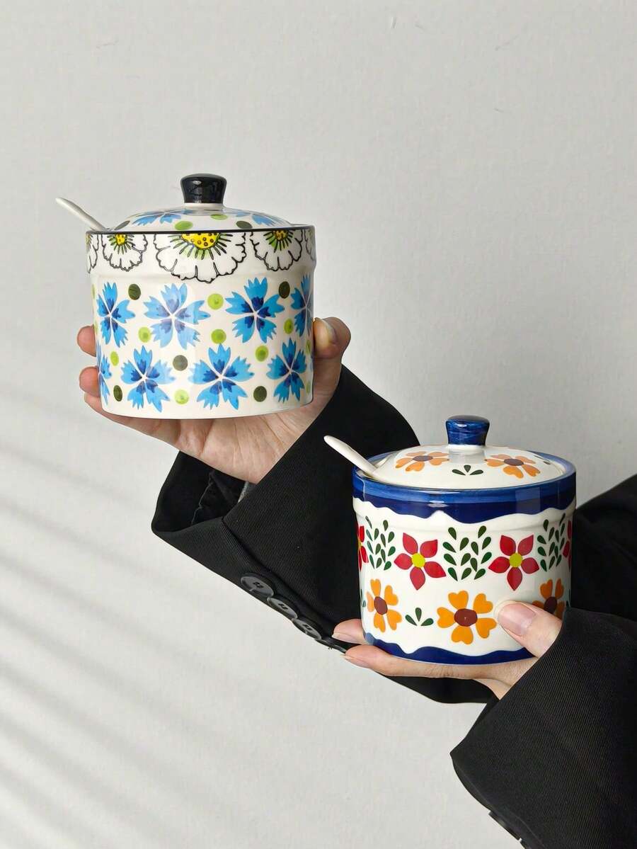 1pc Vintage Floral Spice Jar, Ceramic Household Kitchen Salt Shaker, Seasoning Pot With Lid And Spoon, Condiment Bottle For Chili Oil, Great Gift For Thanksgiving, Mother's Day, Holidays