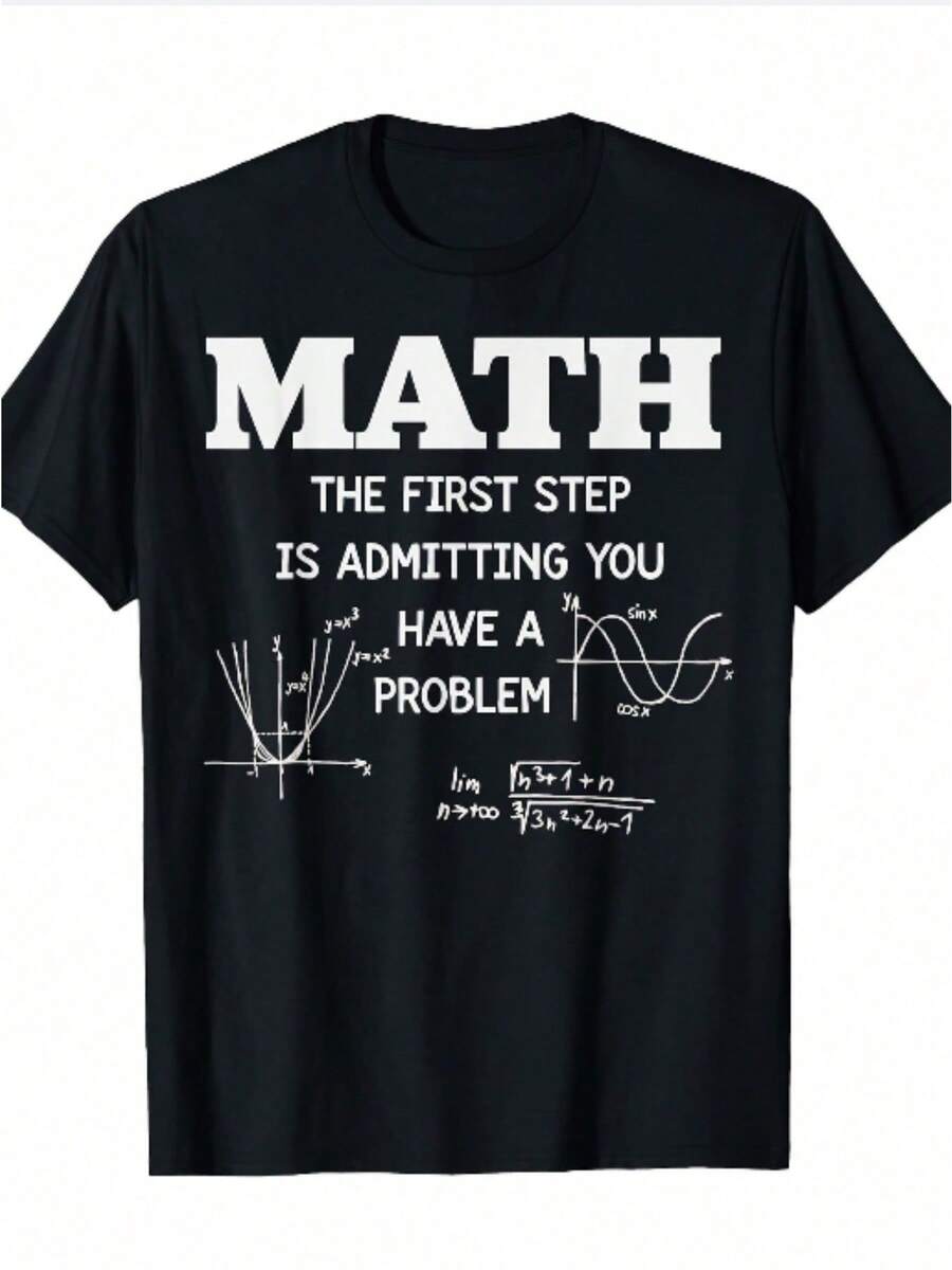 Men'S 'MATH' Graphic T-Shirt - Humorously Designed Black Tee With Bold White Text, Featuring Mathematical Diagrams & Equations For Math Lovers, Perfect For Casual Wear, Comfortable Fit, Ideal For Students & Teachers, Great Conversation Starter - 黑色 - 查看 1