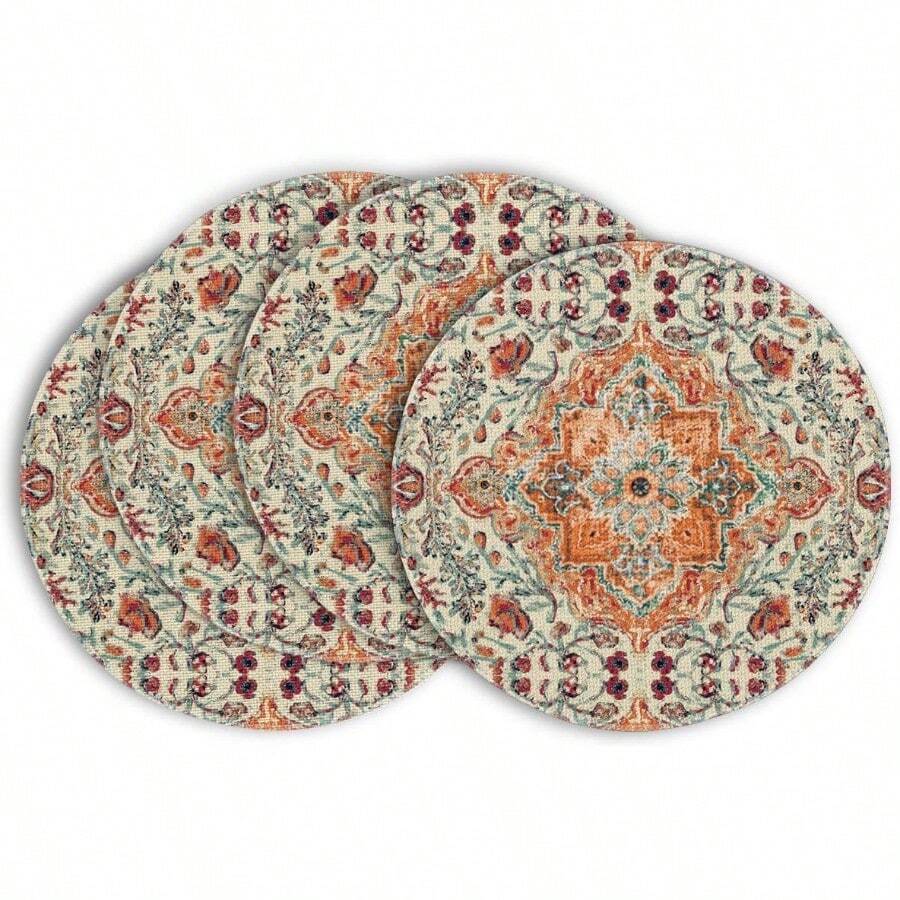 Artoid Mode - Juego de 4 Manteles Individuales Redondos Bohemios 14 Pulgadas para Uso Diario Decoración de Mesa en Color Naranja y Verde Azulada para Cocina Comedor y Fiestas