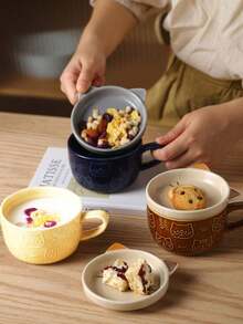 1 Set (350ml) Cute Cat Ceramic Mug Set, Embossed Household Coffee/Milk Cup With Lid, Microwave , Creative Snack Plate, Birthday/Back To School Gift