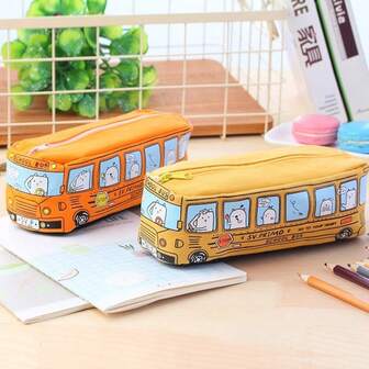 1 Piece Of Creative Bus Canvas Pencil Case With Large Capacity Yellow/Blue/Red Pencil Case, A Good Gift For Back-To-School Season And Resumption Of Work