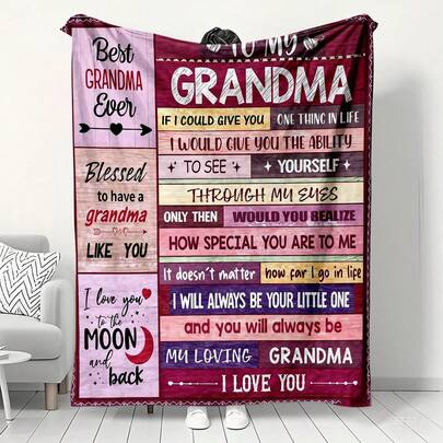 Manta de franela ultra suave, manta cálida y cómoda, patrón de madera de parche burdeos y rosa + texto en inglés conmovedor para la abuela (incluye "Eres la persona talla grande especial en mi corazón" y "Por siempre tu pequeña cariño"), adecuada para sofá y dormitorio, regalo de Año Nuevo 2026 para la abuela, resistente a las pelusas