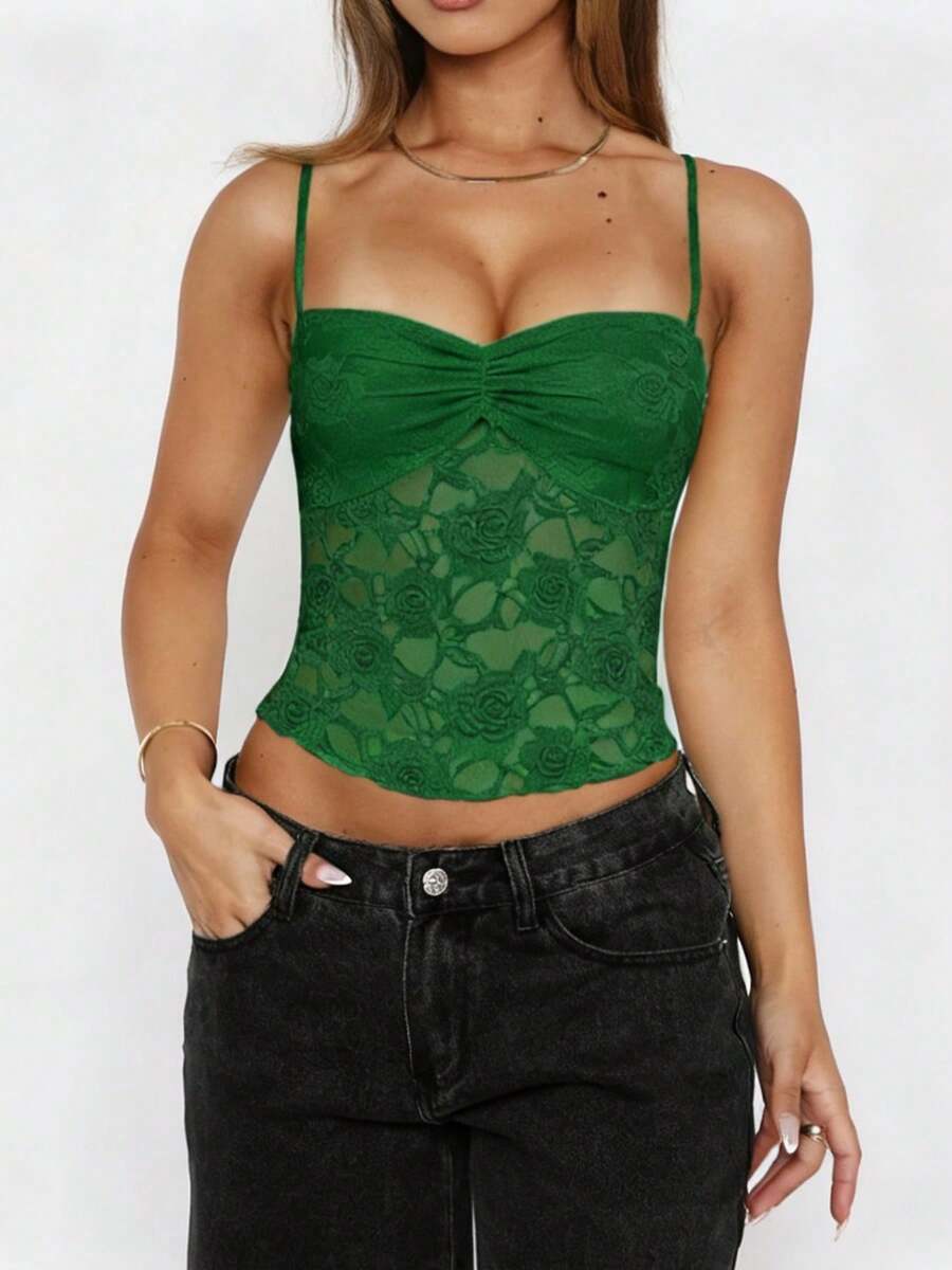 Women's Summer Lace Cami Tops Sleeveless Ruched Front Solid Color Camisole Slim Fit Tank Tops - 綠色 - 查看 1