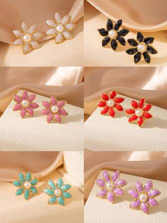 Pendientes de flor de perla esmaltada de acero inoxidable dorado, diseño retro dulce y fresco, pendientes versátiles para todas las estaciones, esenciales para citas y viajes, accesorios de moda para mujeres de estilo europeo y americano