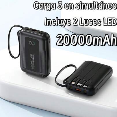 Banco de energía portátil con luz LED, Power Bank 20000mAh - Carga Rápida Batería Portátil - Pila Portatil Para Celular con Diseño en Colores Sólidos - Powerbank que Carga 5 Dispositivos Simultáneamente - Cargador Portatil Incluye 4 Cables - Pilas Portátiles de Alta Calidad para Todos los Celulares, Tabletas y Audífonos - Detalles para Navidad y Año Nuevo.