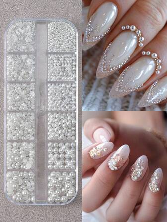 12 Grid/Box Mixed Half Pearl Mini Nail Charms 1 Box Of Flat-Back White Half Round Pearls Flat-Back White Pearl For Home Diy And Professional Nail Art, Face Makeup And Craft Nail Gems Nail Supplies Nails