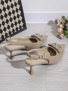 Women's Pointed Toe Backless Sandals, Multi-Color Versatile Small Buckle Elegant High Heels, Suitable For Dates, Parties, Weddings, And Commuting, Spring/Summer - Light Khaki - View 3