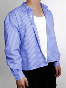 Men's Single-Breasted Casual/Commute Striped Short Sleeve Shirt - Blue - View 2