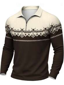 Men's Contrast Color Half Zip Long Sleeve Polo Shirt With Skull & Geometric Print Design, Suitable For Outdoor, Holiday And Casual Commute, Spring/Autumn/Winter - Brown - View 6