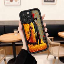 Cubierta de teléfono con borde negro diseño de Día de Muertos pareja esquelética en traje tradicional mexicano fondo de flores amarillas para uso diario y eventos culturales,Aplicable a los teléfonos de la serie Apple y Galaxy - Negro - Ver 1