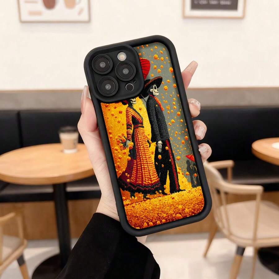 Cubierta de teléfono con borde negro diseño de Día de Muertos pareja esquelética en traje tradicional mexicano fondo de flores amarillas para uso diario y eventos culturales,Aplicable a los teléfonos de la serie Apple y Galaxy - Negro - Ver 1