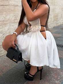 Vaiaye Women's Tie-Front Stripe Ruched Bandeau Top Short Dress,Deep V Halter Backless Camisole Mini Skirt Beach Sexy Cute Elegant Romantic Summer Dress - White - View 7