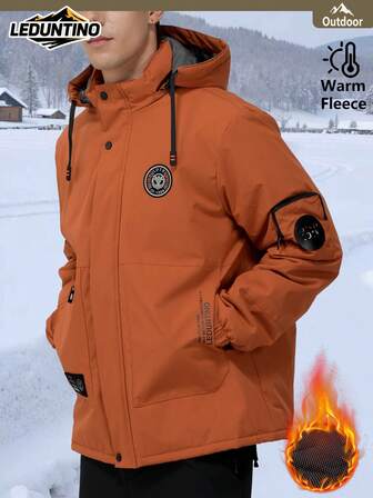 LEDUNTINO מעיל קז'ואל אופנתי לגברים לסתיו/חורף עם רוכסן, צבע אחיד, עיצוב מרובה כיסים, קפוצ'ון נשלף, הדפס אותיות, מתנה לחבר, סגנון עבה, מתאים לטיולי סתיו/חורף וללבוש יומיומי, חולצות חורף