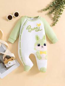 1件可爱卡通动物印花长袖婴儿连体衣，适合春、夏、秋季穿着的婴儿连脚套。 - 綠色 - 查看 1