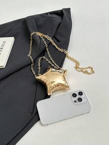 1pc New Mini Metal Pouch, Electroplated Silver Coin Purse, Shiny Avant-Garde Metallic 5-Pointed Star Handbag, Star Chain Crossbody Bag, Asymmetric Handheld Bag, Accessory Pouch, Elegant Coin Purse, Earphone Case , Wedding - 金色 - 查看 8