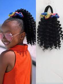 1pc ﻿Curly Ponytail With Gradient Headband Elastic Extension Synthetic Hairpiece For Kids, Rubber Band Black Hair With Cute Velvet Elastic Hair Band - Natural Black - View 12