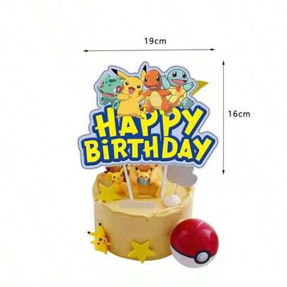 13pcs Pokemon Happy Birthday Acrylic Cake Topper Set, Party Decorations, Pikachu Cake Flags, Baby Shower Baking DIY Supplies, Kids Gift