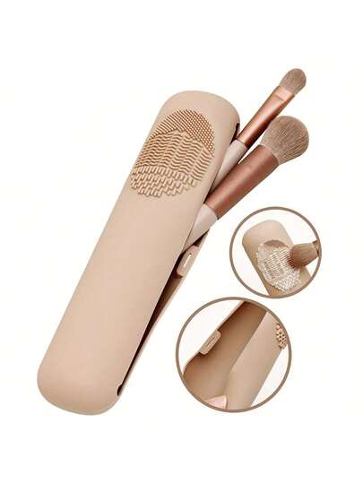 米色硅胶旅行化妆刷收纳盒，磁吸式封口 | 高品质防震设计，触感柔软的化妆工具收纳盒，男女通用，便携式化妆包 | 精致化妆盒 | 高品质收纳盒