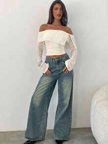 女士纯色蕾丝荷叶边露肩喇叭袖衬衫 - 杏色 - 查看 4